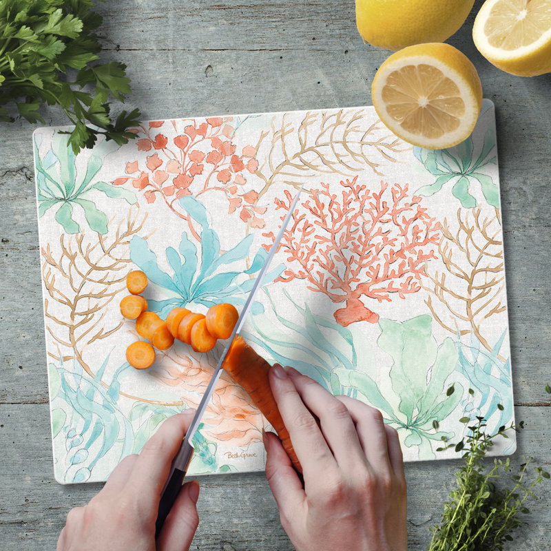 Seaside Coral and Aqua Tempered Glass Cutting Board 10" x 8"