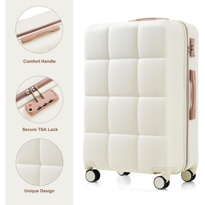 White 3-Piece ABS Hardside Luggage Set, Airline Approved Carry-On With Cup Holder, Spinner Wheels And TSA Lock
