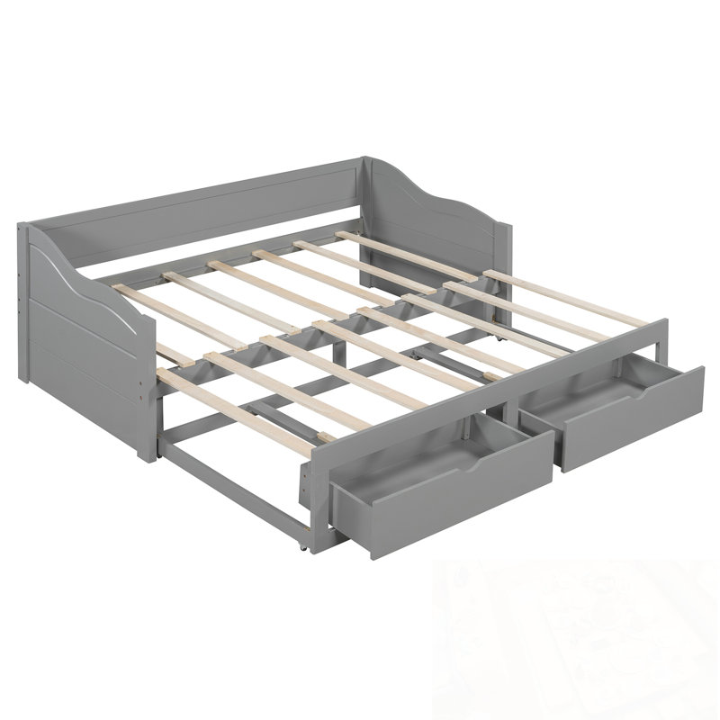 Lit simple en bois avec lit gigogne et deux tiroirs de rangement, Gris