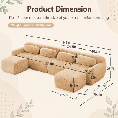 Canapé en forme de U sans os 32D haute densité, conception anti-dérapante de fond en éponge, aucun assemblage requis, conception ergonomique, emballage sous vide à compression complète, pour les salons, chocolat, kaki clair