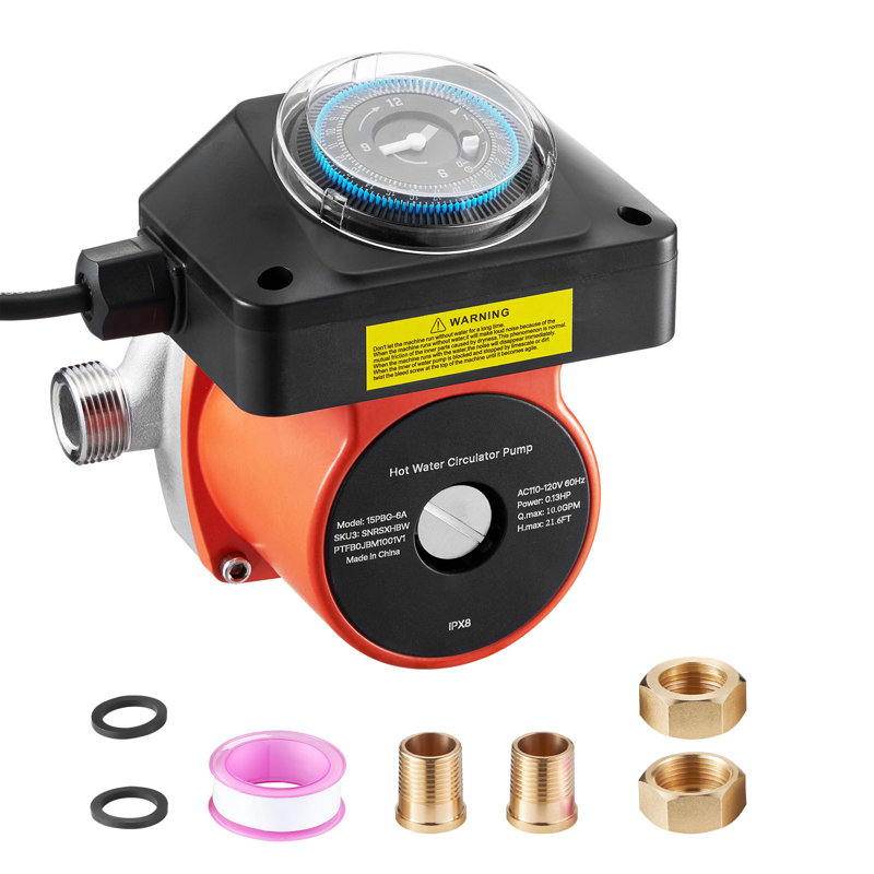 Pompe de recirculation d'eau chaude, avec minuterie, ensemble de pompe de recirculation instantanée 10 GPM, système de circulation à circulation, 0,13 HP AC 110-120V, connecteur NPT 3/4 po à NPT 1/2 po, pour chauffe-eau solaire
