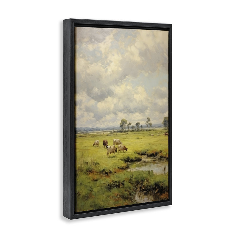 Toile flottante encadrée «Grazing Cows Countryside» par Petal Prints Design, H 25 po x l 17 po, Cadre flottant noir de jais