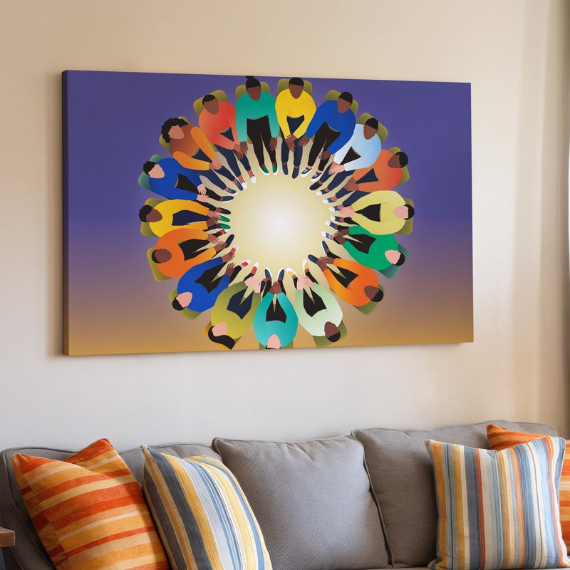 "Toile", une composition circulaire vibrante mettant en vedette des personnes de diverses origines civiles, art mural assis ensemble