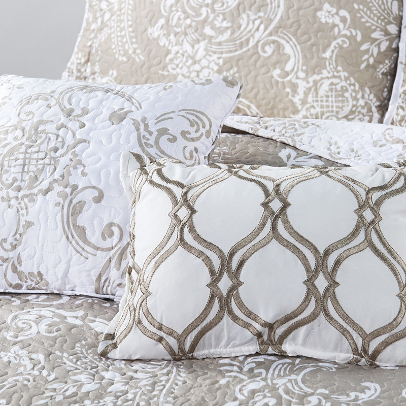 Microfiber Floral Quilt with Pillow Shams, Oversize King Quilt + 4 Additional Pieces, Taupe