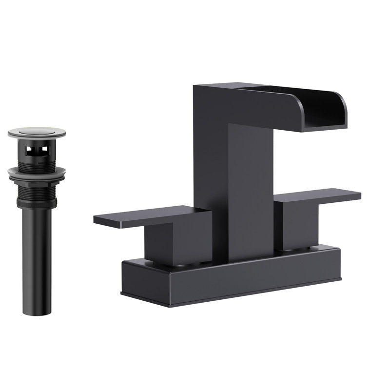 Centerset Bathroom Faucet 2-Handle, 4-Inch Waterfall Basin Faucet with Drain Assembly, Matte Black