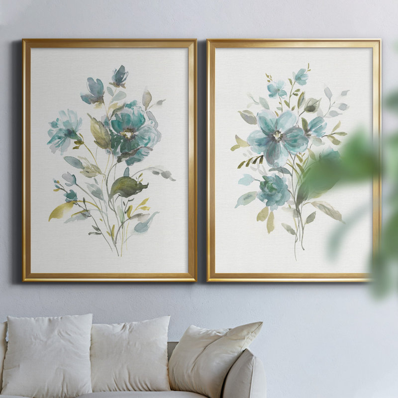Linen Botanical I - Ensemble de 2 reproductions d'art, H 26,5 po x l 73 po x P 1,5 po, Toile avec cadre doré, Pas de tapis