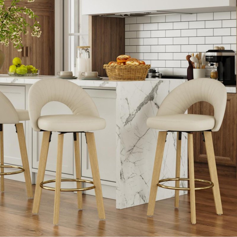 Mid-Century Swivel 26" Counter Stools, Faux Leather Upholstered Barstools with Cutout Back and Solid Wood Legs, Beige