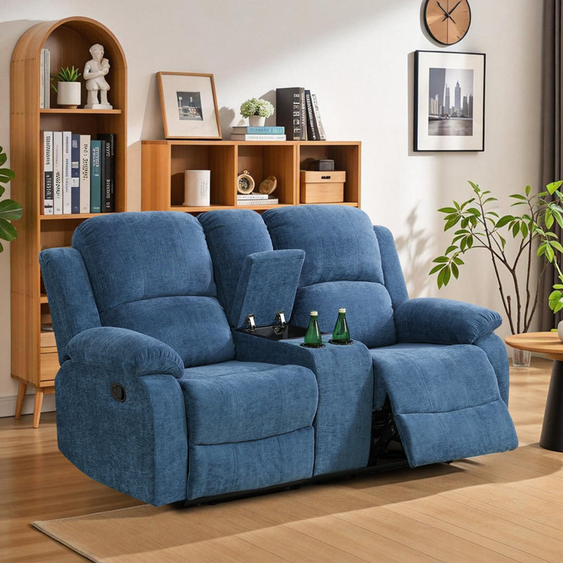 69" Manual Recliner Loveseat With Cup Holders &  Storage, Blue