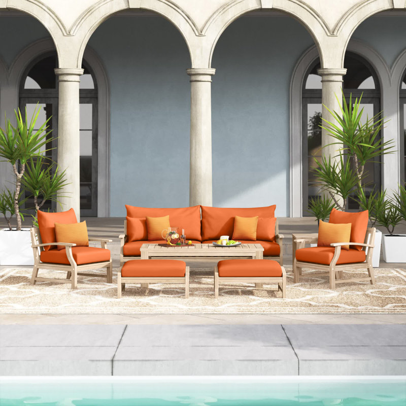 Paulet 7 Piece Sofa Seating Group With Sunbrella Cushion Covers, Cast Coral Sunbrella® Plainweave