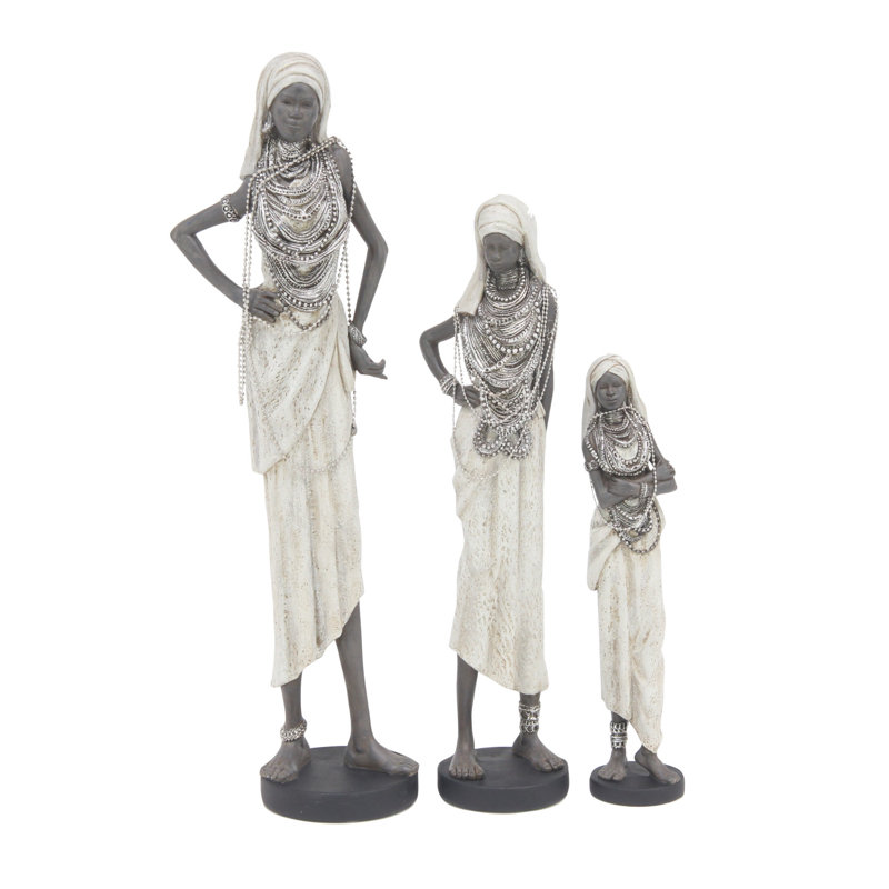 Delossantos 3 Piece White Polystone Standing African Woman Sculpture with Intricate Details Set