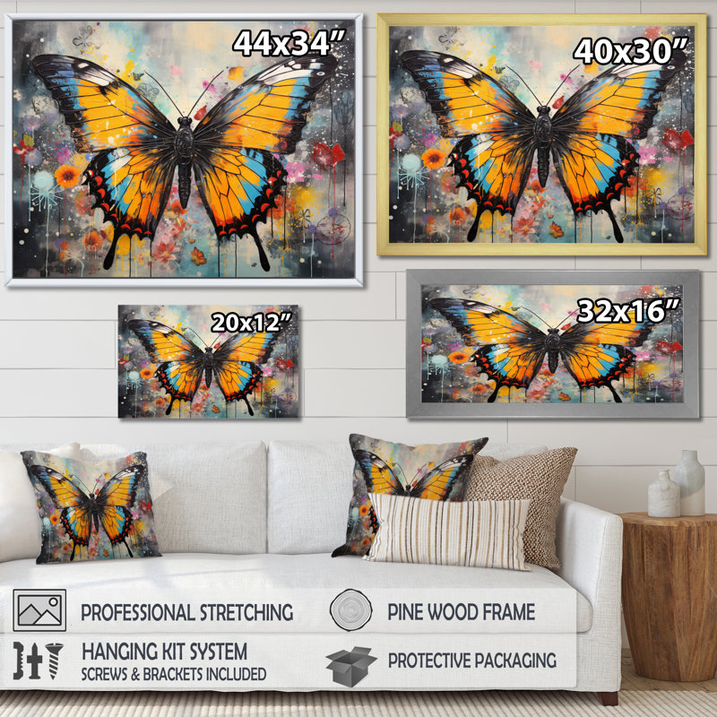 Biba, orange, sarcelle, papillon, danse, couleurs - grand art mural papillon, Cadre flottant doré, H 24 po x l 32 po x P 1 po