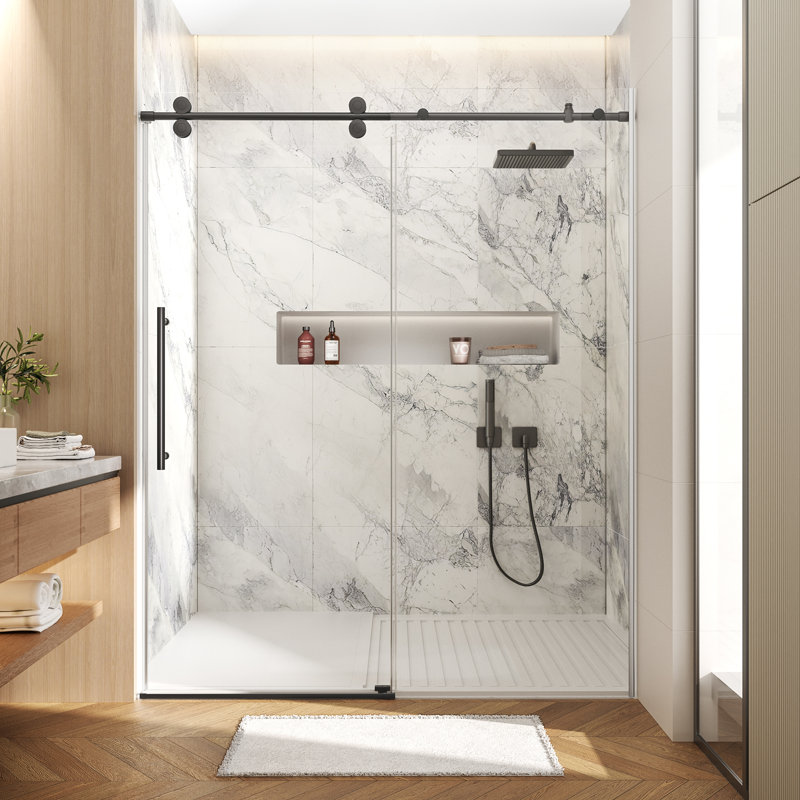 56-60 In. W X 74 In. H Single Sliding Frameless Anti-Collision System Shower Door With 1/4 In. Clear Glass, Matte Black