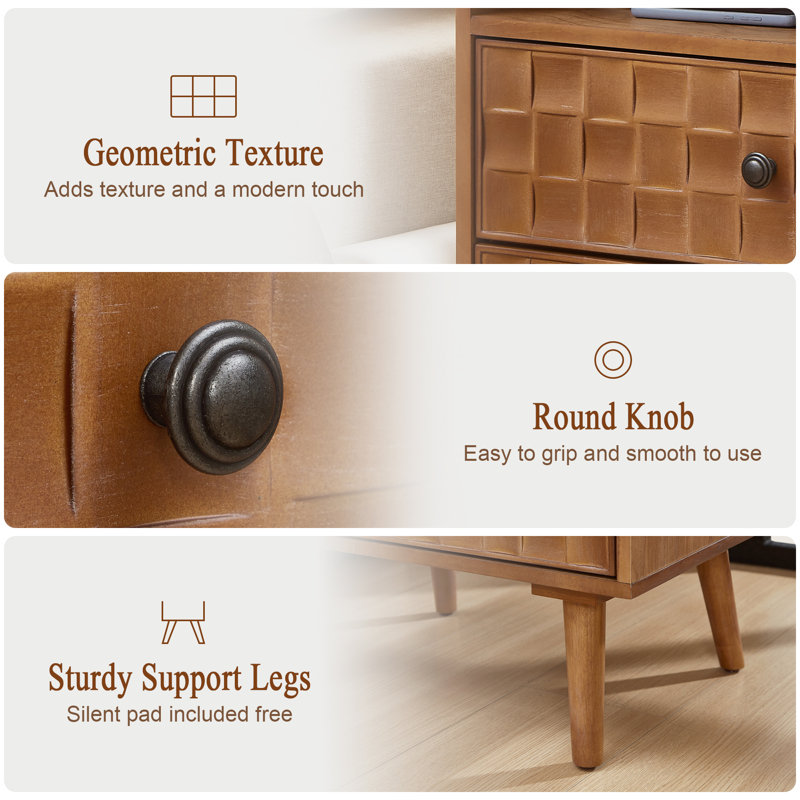 Nightstand with Charging Station, 2 Drawer Bedside Table with Open Shelf, Natural Oak