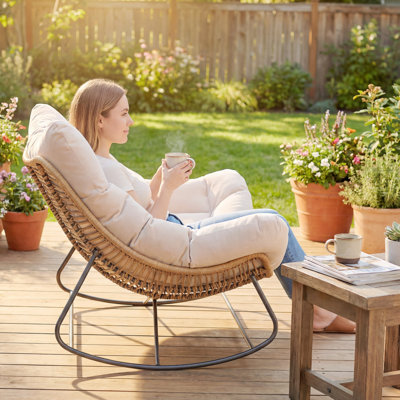 Double Papasan Rocking Chair, Wicker Oversized Indoor Outdoor Rocking Chair with Cushion, PE Rattan Padded Outdoor Rocker Egg Chairs for Living Room, Garden, Patio, Balcony, Cream White