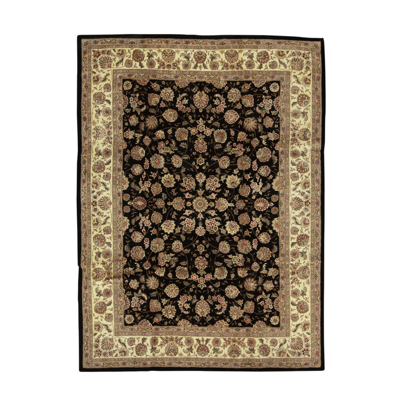 Tapis noir et ivoire de haute qualité noué à la main