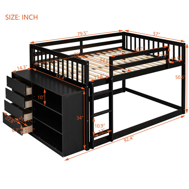 Lit double au-dessus d'un lit superposé avec structure en bois massif, 4 tiroirs et 3 tablettes pour une solution pratique dans la chambre à coucher - configuration à 4 tablettes colorées, ambiance chaleureuse