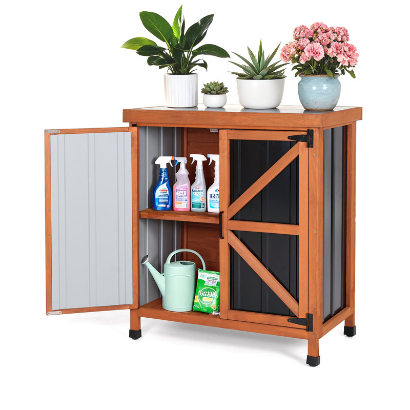  Outdoor Potting Bench with Metal Work Top - Waterproof Garden Storage Cabinet, Wooden Tool Station Shed for Backyard, Patio, Lawn Gardening