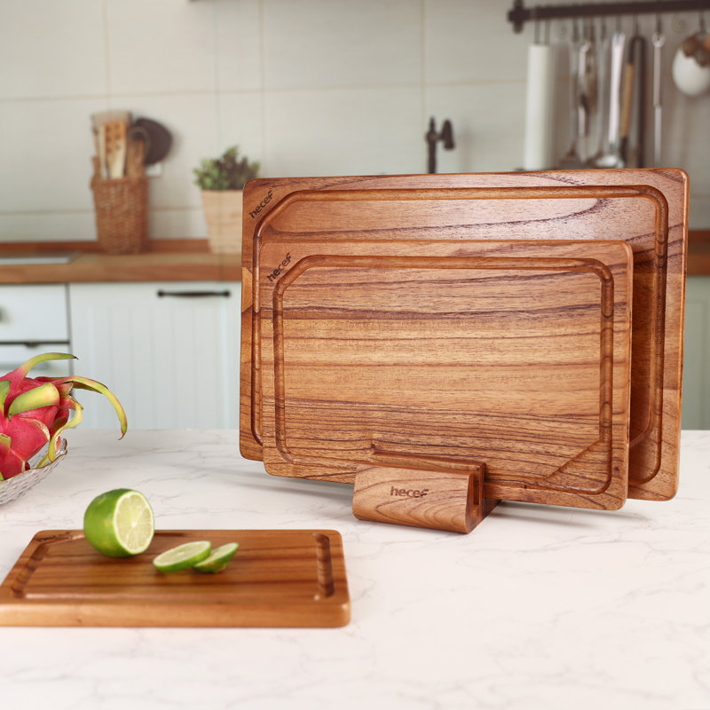 Hecef 15" Rectangular Cutting Board Set Chinaberry Wood Kitchen Cutting Board with Holder(Set of 3)