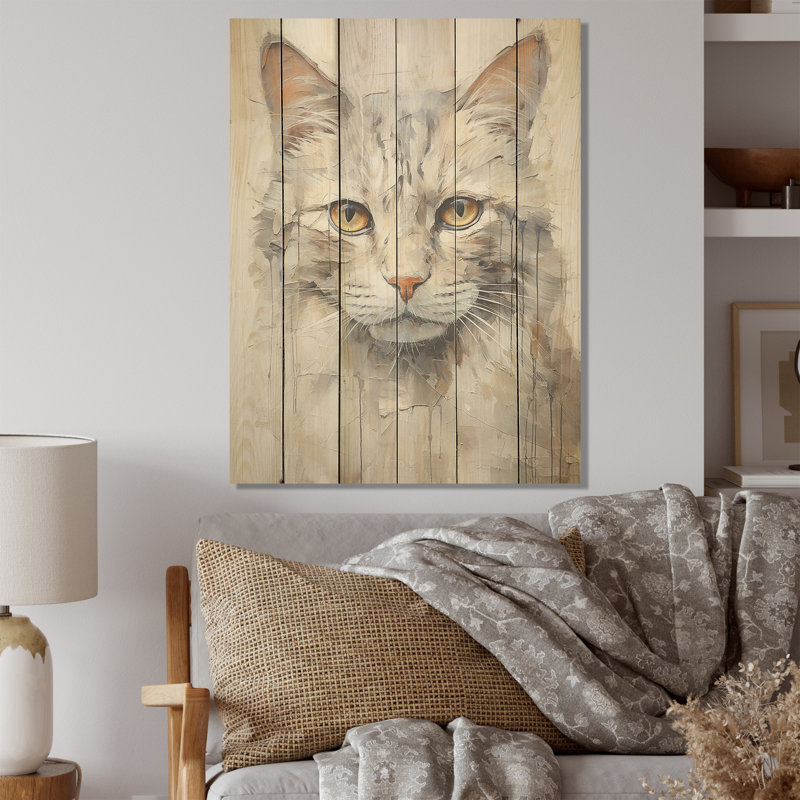 Minimalisme, portrait de chat beige - Art mural en bois sur bois de pin naturel, H 40 po x l 30 po