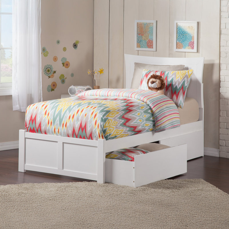 Flagg Solid Wood Storage Platform Bed with Footboard and Under Bed Drawers, Twin, White