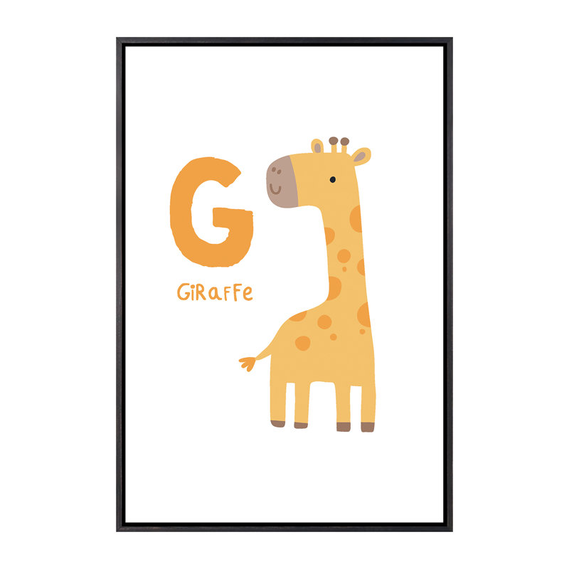 Animal Alphabet G - impression d'art graphique, H 40 po x l 26 po x P 1,5 po, Toile avec cadre noir patiné, Pas de tapis