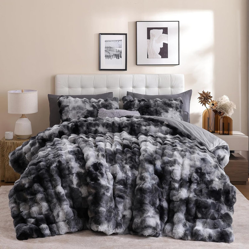 Fluffy Comforter Set Ultra Soft & Warm Faux Fur Comforter With Pillowcases For Winter, Gray
