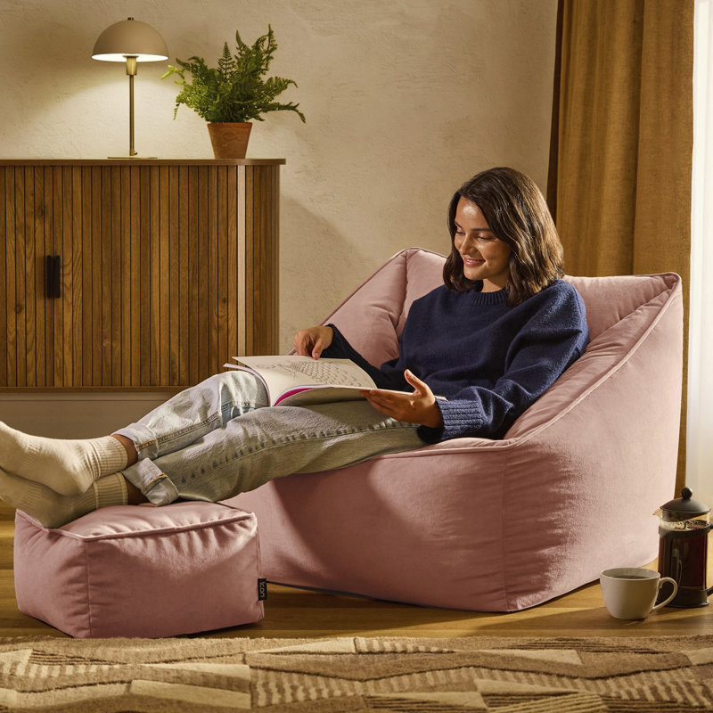 icon Natalia Velvet Adults Bean Bag Armchair and Pouffe, Ready Filled Large Beanbag and Footstool Forest Green, Dusk Pink