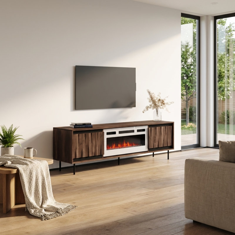 Swing 71" Modern TV Stand with Electric Fireplace, Matte Finish, Media Storage, White