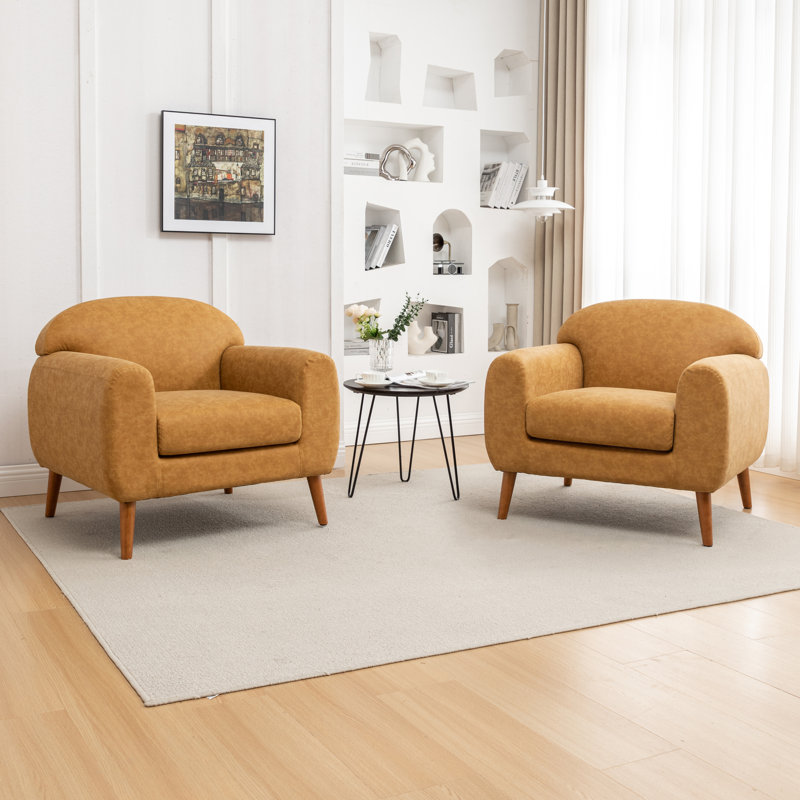 Lilyanah Faux Leather Upholstered Accent Chair with Round Arm, Vintage Yellow Faux Leather