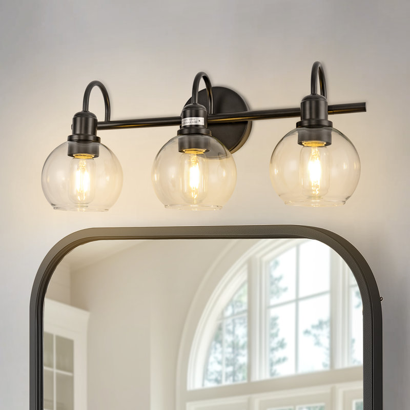 20 po Luminaire de meuble-lavabo industriel 3 lumières avec abat-jour en verre transparent 3 lumières, Noir mat