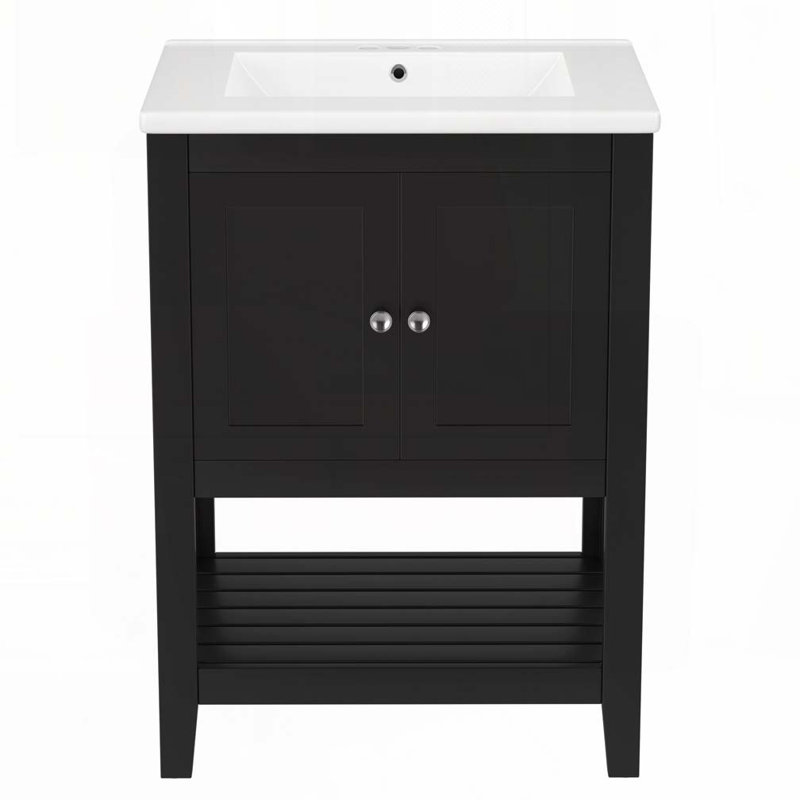 24" Vanity with Ceramic Sink with Solid Wood Frame Open Style Shelf, Black