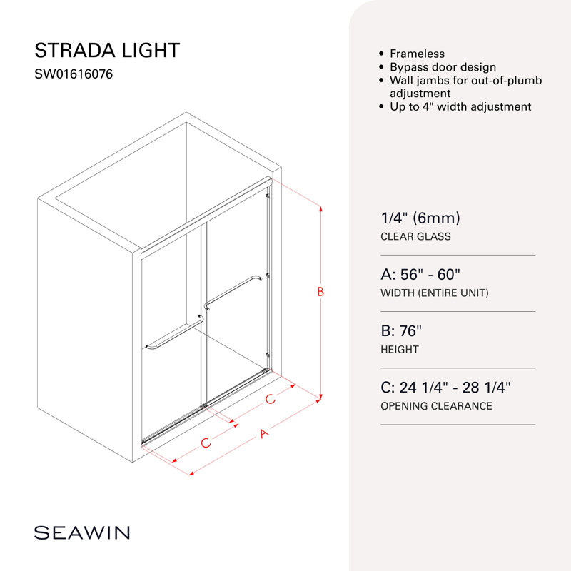 Porte de douche coulissante en verre trempé transparent sans cadre de 6 à 60 po x 76 po Strada Light, Chrome poli