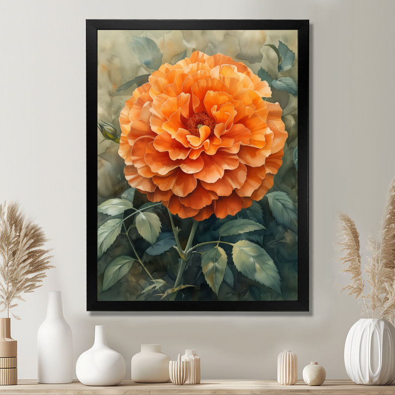 Décoration murale orange et vert parfumée souci Marigold II - souci, H 12 po x l 20 po, Cadre simple noir, bois massif