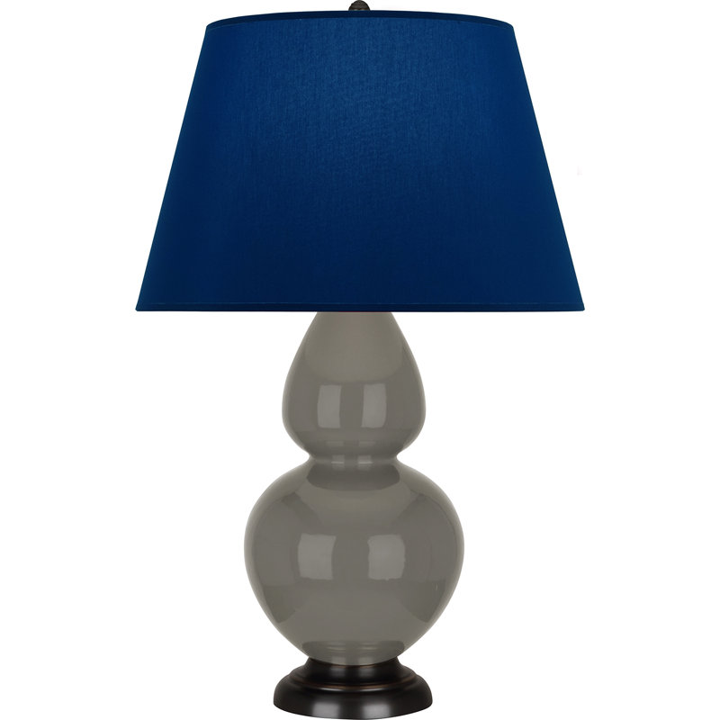 Lampe de table double gourde en céramique, Frêne verni / bronze, Bleu marine/gris, Bronze