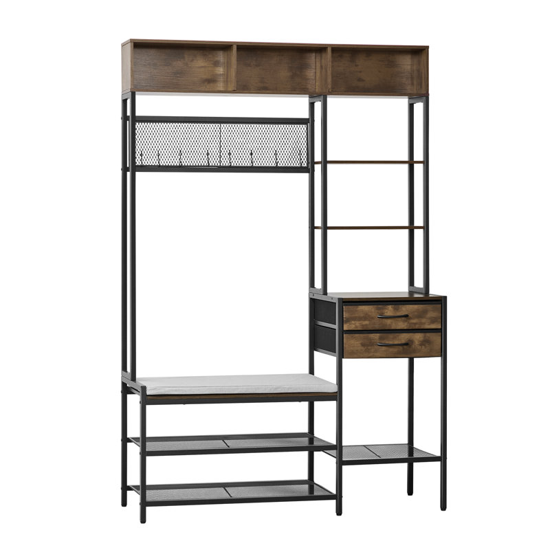Hall Tree, 70.9 in Coat Rack with Shoe Bench & 2 Drawers, 3-in-1 Freestanding Shoe Rack Storage Organizer with Bookshelf & Wire Shelf, Steel Frame Entrance Coat Holder for Entry, Bedroom, Closet