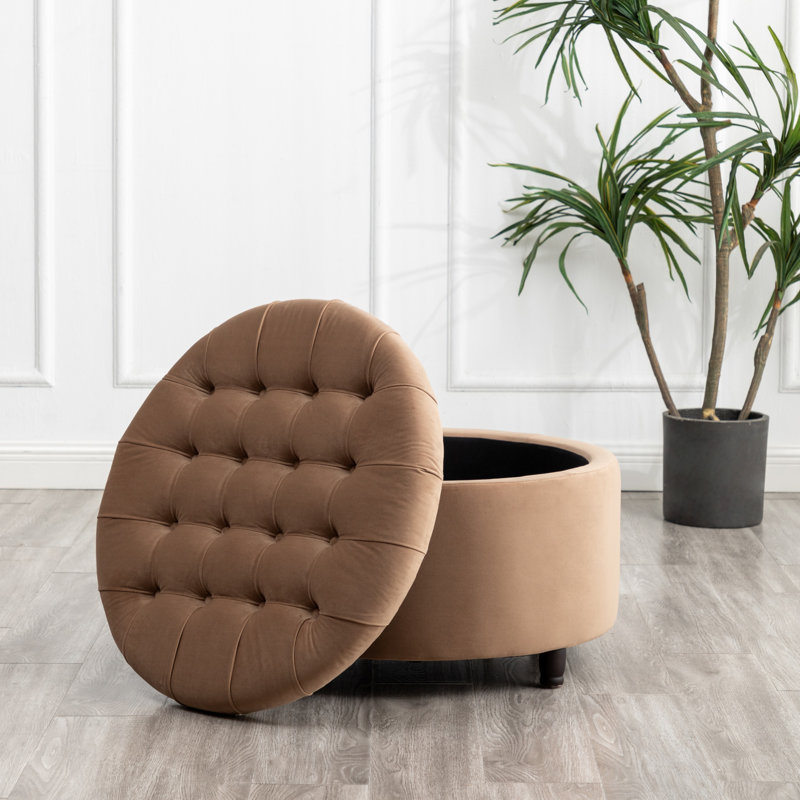 Classic 28-Inch Wide Button Tufted Round Storage Ottoman With Lift-Off Lid, Light Brown