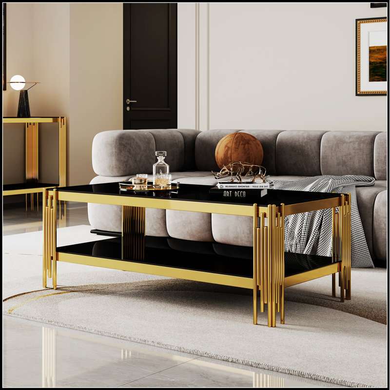 Table basse en verre trempé double couche supérieure et inférieure avec structure en acier inoxydable à finition miroir, parfaite pour les espaces de vie modernes et élégants.