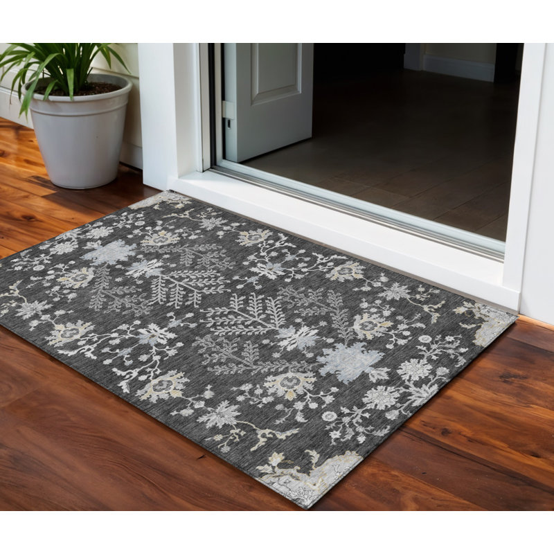 Tapis extérieur lavable floral gris anthracite et beige 3 pi x 5 pi