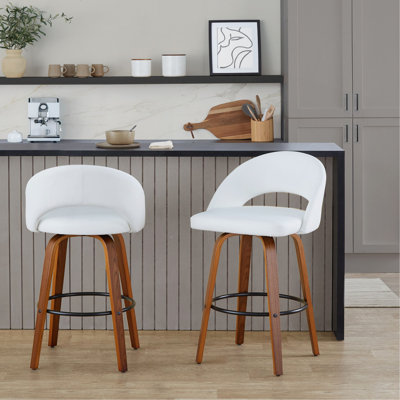 Tabouret de bar à hauteur fixe en bois de noyer et similicuir avec repose-pieds rond en métal noir - ensemble de 2