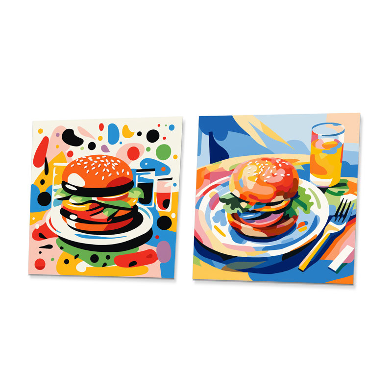 Pop Art Hamburger Brilliance I - Ensemble de 2 impressions carrées alimentaires sur métal, H 23 po x l 46 po