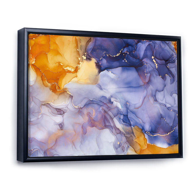 «Blue Luxury Abstract Fluid Art II», reproduction d'art sur toile moderne, H 24 po x l 32 po x P 1 po, Cadre flottant noir