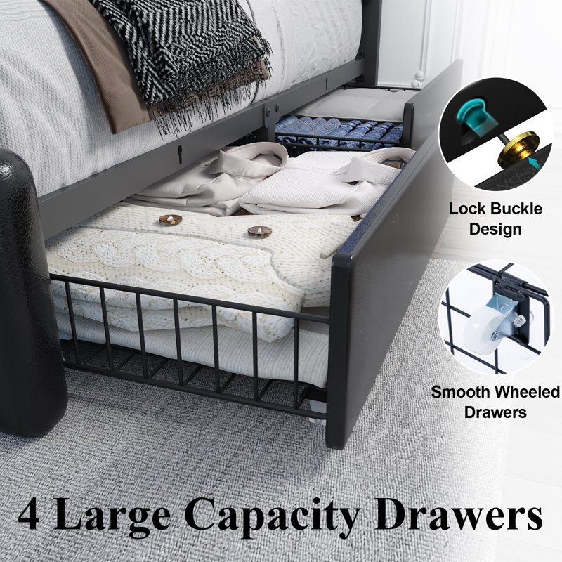 Upholstered Bed Frame with 4 Large Drawers,RGB LED Lights, Adjustable Headboard, Easy to Assemble, Full , Black