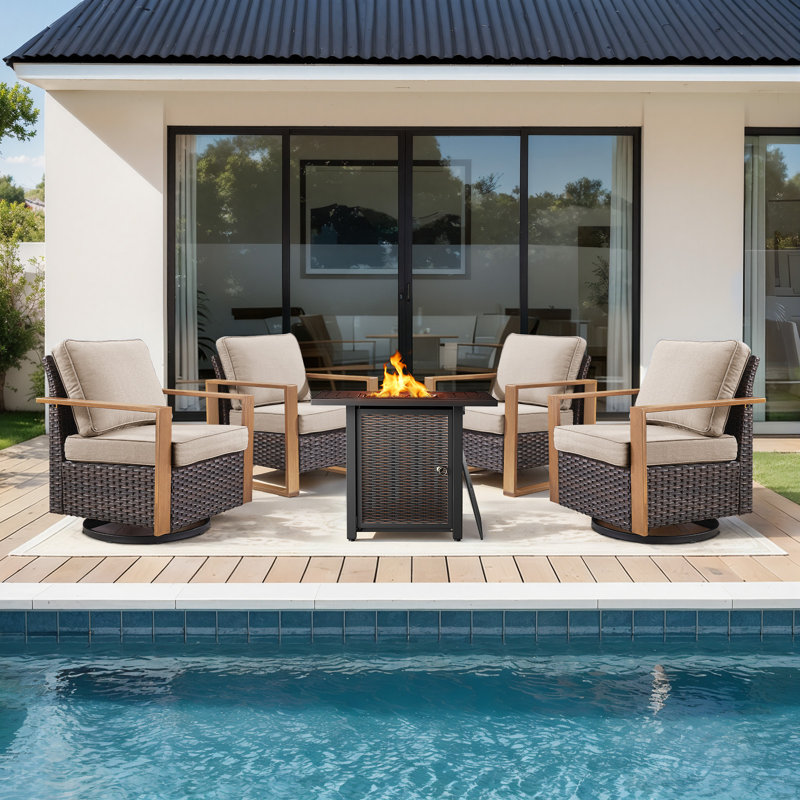 Drazen 4 - Person Patio Furniture Set With Fire Pit Table, All-Weather Wicker Outdoor Conversation Set With Chair And Thick Cushions
