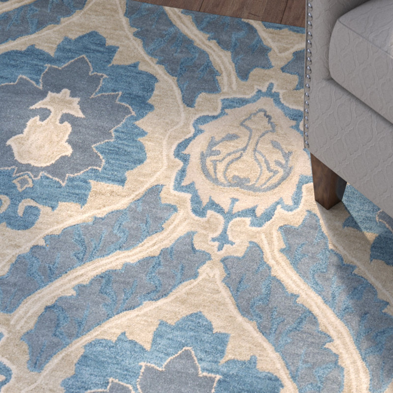 Tapis bleu / ivoire en laine / coton touffeté à la main Amory, Rectangle 2 pi 6 po x 4 pi