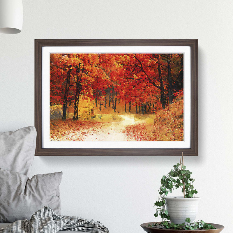 Path Through the Forest at Autumn in Abstract - Picture Frame Painting Print, 27cm H x 36cm W x 2cm D, Walnut Framed