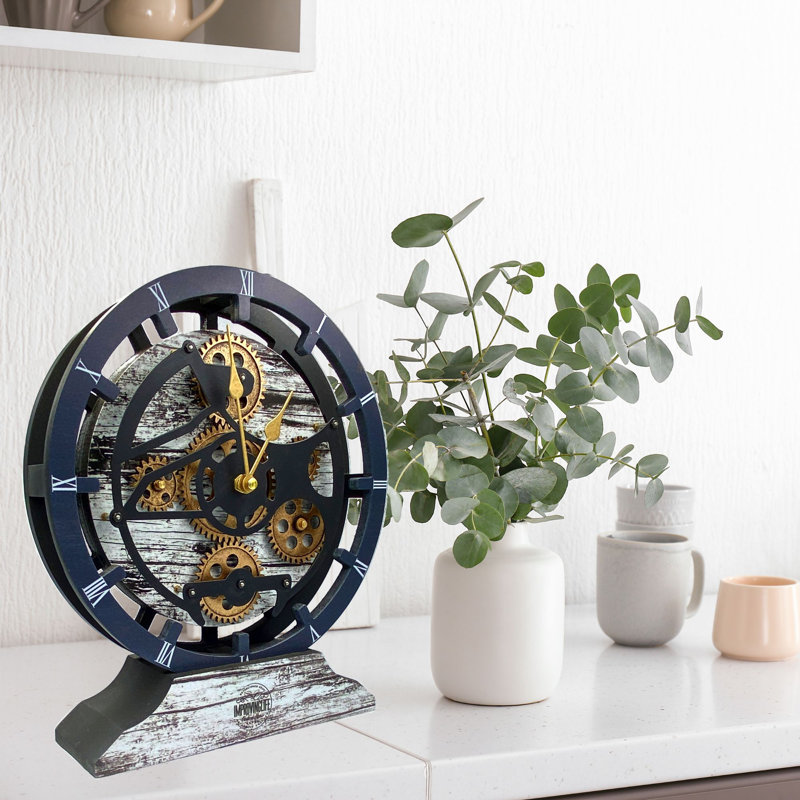 Desk wooden Clock Round 10 inches with Real Moving Gears (Transformable into a Wall Clock - detachable base) Canada Collection