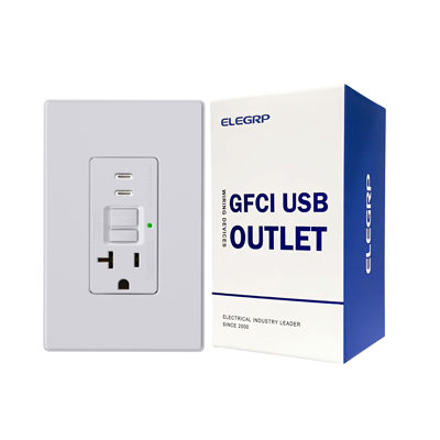 Prise GFCI à auto-test de 20 ampères, prise combinée de chargeur USB encastrée 24 W, double type C, puissance de charge de 4,8 A, certifiée UL et CUL, plaque murale de taille moyenne incluse (1 paquet)