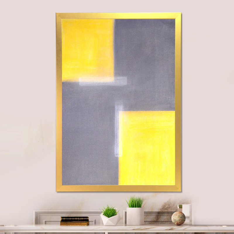 Jaune et gris, champs de couleurs - Œuvre d'art moderne et contemporaine, H 36 po x l 24 po x P 1 po, Cadre photo doré