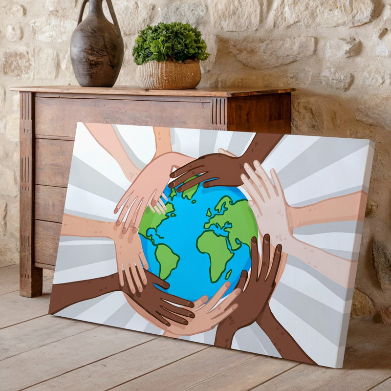 Toile, "Vibrant Illustration" mettant en vedette des mains variées de tons de peau variés s'emboîtant autour d'un globe stylisé sur toile