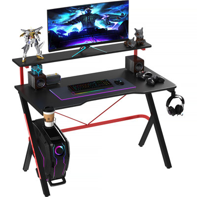 Gaming Desk Racing Computer Desk Workstation With Elevated Monitor Shelf Rotatable Cup Holder